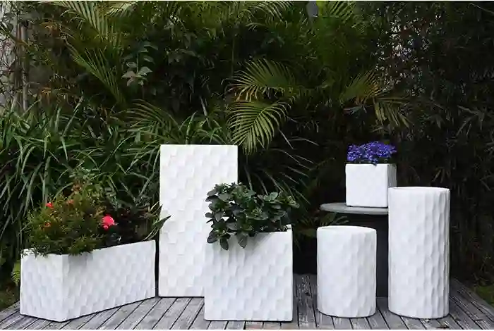 A variety of white cement pots for indoor plants in different shapes and sizes